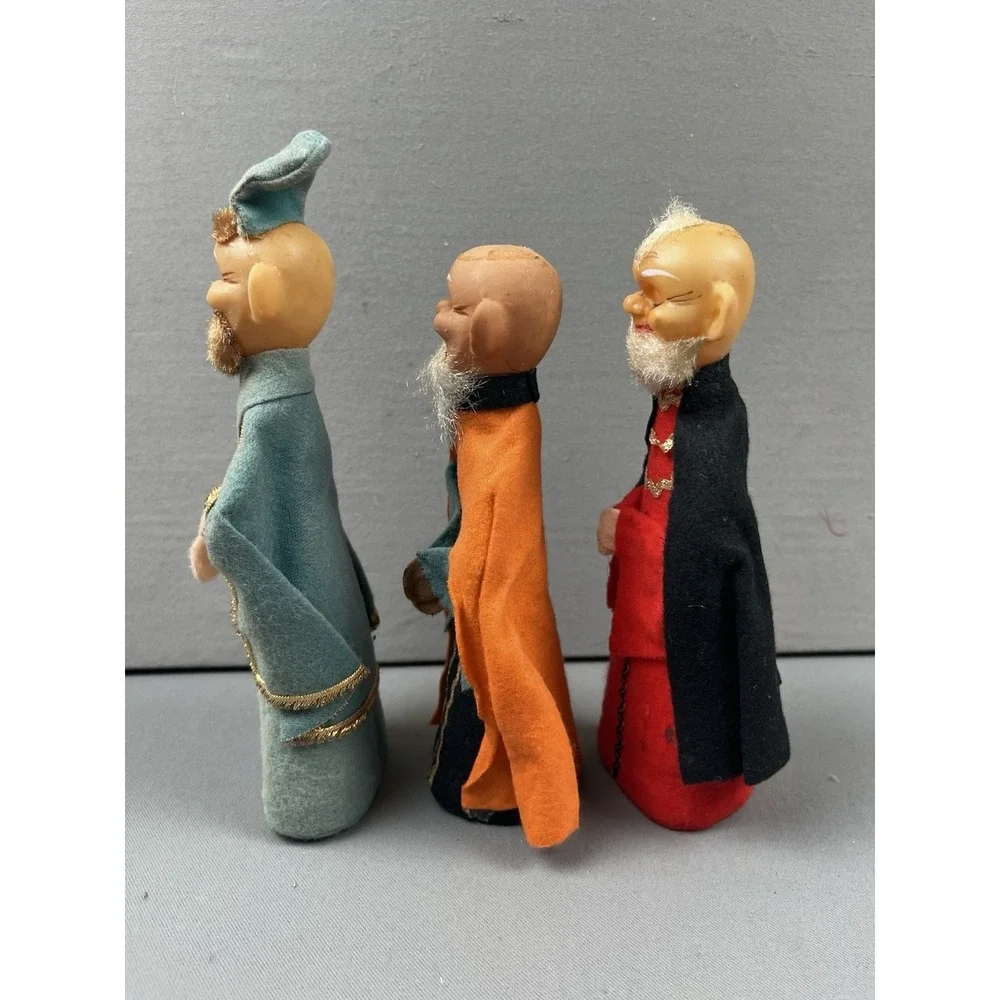 Vintage Christmas Pixie Elf 3 Wisemen 3 Kings Brite Star Plastic Face Japan RARE